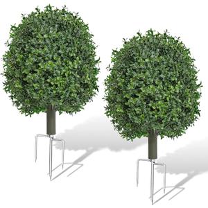 Artificial Boxwood Topiary Trees Outdoor Set of 2, UV Resistant Faux Outdoor Plants with Real Wood Trunk & Metal Ground Stakes, Wind Resistant Boxwood Ball Bushes for Front Porch Patio Entryway Decor