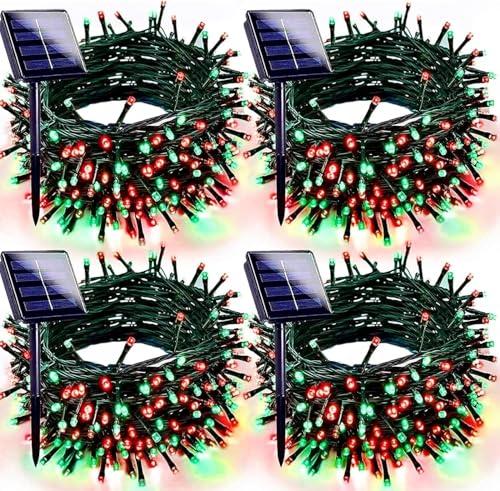 Red Green Solar Christmas Lights Outdoor Decorations Waterproof, Tatal 4 Pack 400LED 132FT Solar String Lights Green Wire with 8 Modes, Christmas Fairy Light for Xmas Tree Party Wedding Garden Decor