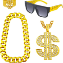 4 Pack 80s 90s Hip Hop Costumes Outfit, Fake Gold Chain Money Chain, Twist Leg Punk Sunglasses, Dollar Sign Finger Ring for Men Women Rapper Accessories