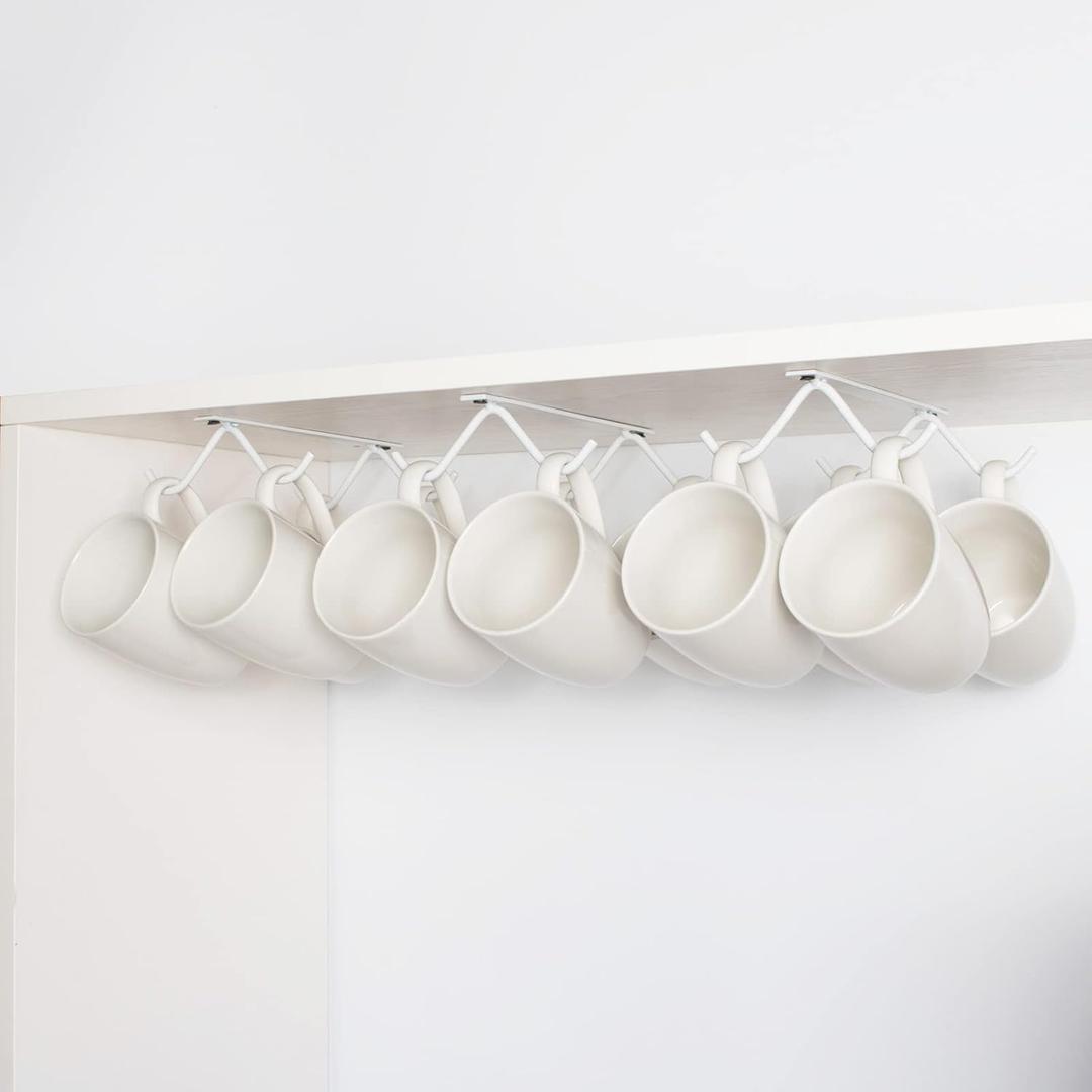 Cabinet Hook Mug Holder - Hanging Coffee Cup Rack for Kitchen, Under Cabinets Metal Hangers Organizer Shelf Storage Utensil (White)