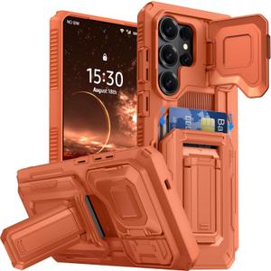 for Samsung Galaxy S26 Ultra Wallet Case with Card Holder & Kickstand & Full Camera Lens Cover, Military Grade Drop Shockproof Rugged Phone Case for S26 Ultra 6.9'', Orange