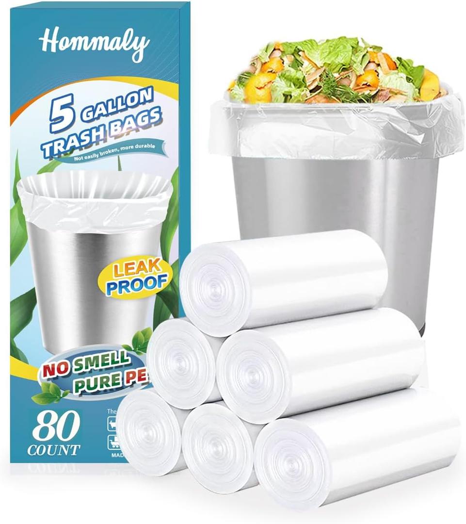 5 Gallon 80pcs (Fit 4.5-5.3 Gal) Small Clear Trash Bags Strong Garbage Bags, 18-20 Liter Bathroom Trash Can Bin Liners, Unscented Plastic Bags for Office, Waste Basket Liner, 4.5,5Gal-Clear