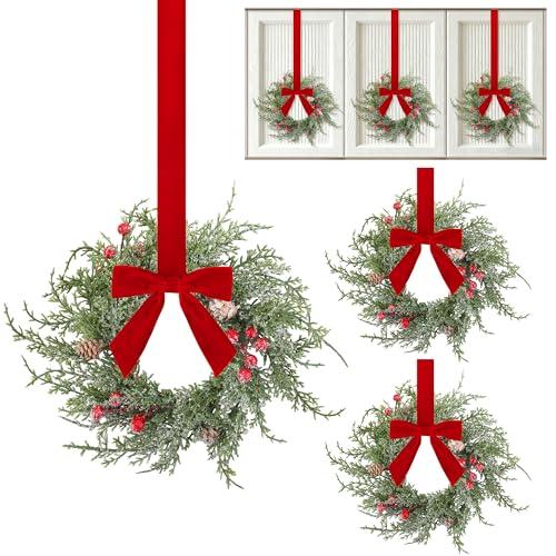 Aneco 6 Pcs 9.8" Small Christmas Norfolk Wreaths Decorations Mini Christmas Kitchen Cabinet Wreaths with Red Velvet Bow Artificial Hanging Garlands for Door Window Room Farmhouse Xmas Party Decor