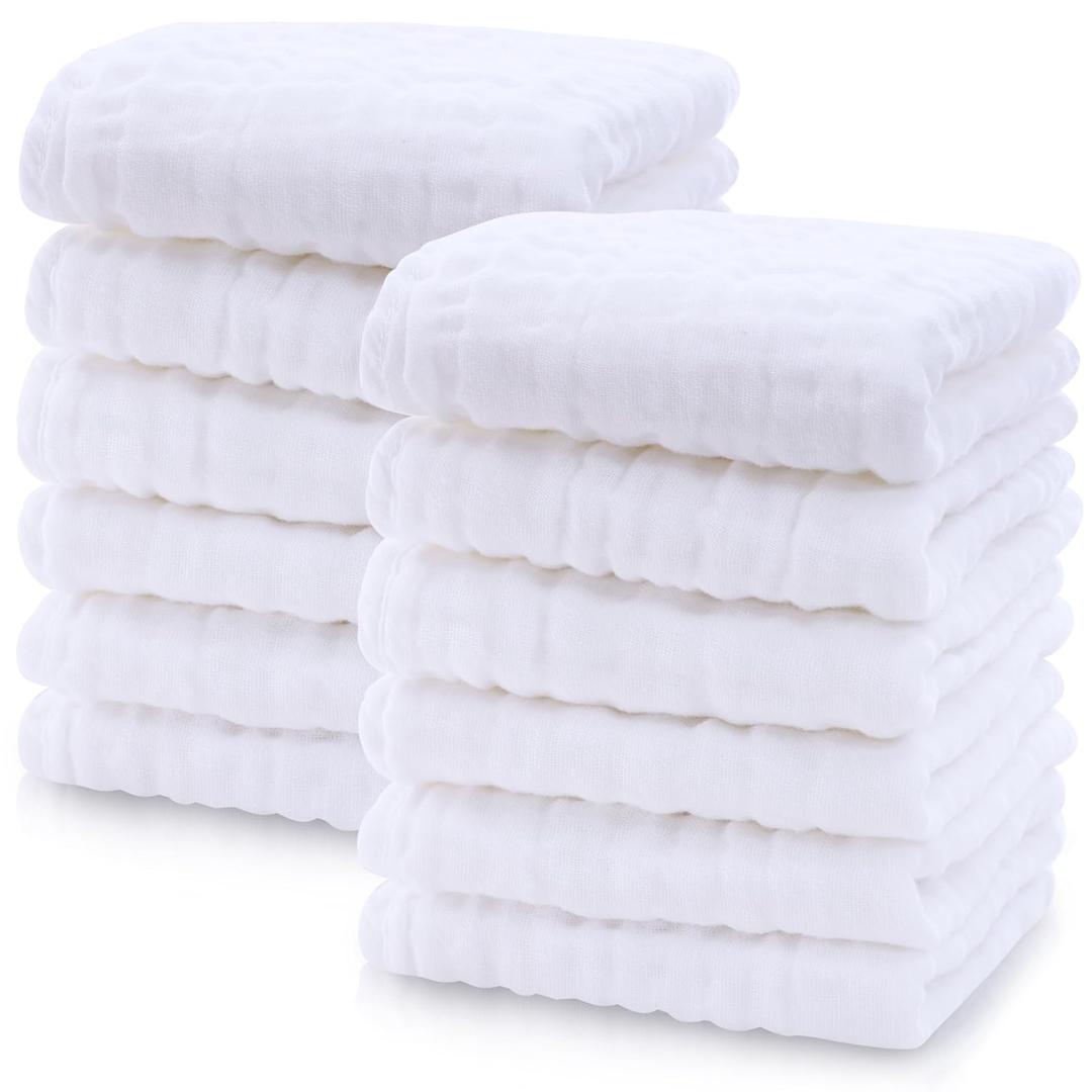 Cute Castle 12 Pack Muslin Baby Washcloths - Large 12'' by 12'' - Ultra Soft 100% Cotton - Super Absorbent Burp Cloths for Unisex, Boy, Girl -White
