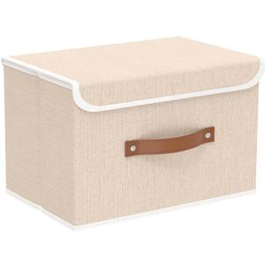 Yawinhe Collapsible Storage Boxes, Linen Fabric Baskets, Bin with lid and Leather Handle, Washable, for Home, Closet, Beige, 15.0''Lx9.8''Wx9.8''H, 1-Pack, USNK024BEL-1