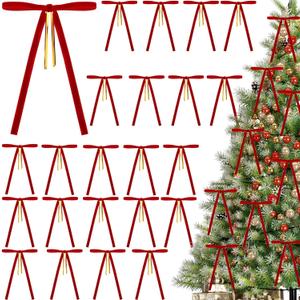 2 x 24Pcs Pre-Tied Christmas Tree Bows, 5x7 Inch Red Velvet Bows with 3/8" Ribbon for Xmas Tree Ornaments, Wreath, Garland, Gift Wrapping and Festive Indoor Holiday Decor
