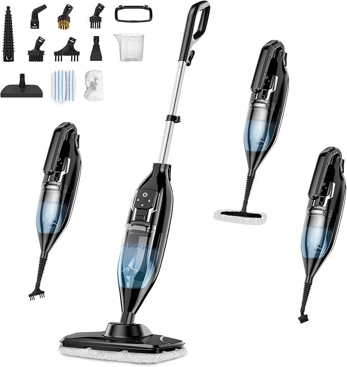 Steam Mop, 12-in-1 Powerful Handheld Steam Cleaner Detachable Steam Mops for Floor Cleaning, 550ML Removable Tank, 23FT Power Cable, MultiPurpose Steamer for Hardwood, Tile, Grout, Furniture, Black