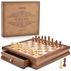 AMEROUS 12.8" x 12.8" Magnetic Wooden Chess Set with 2 Built-in Storage Drawers - 2 Bonus Extra Queens - Gift Packaging - Staunton Chess Pieces, Board Games Chess Sets for Adults and Kids
