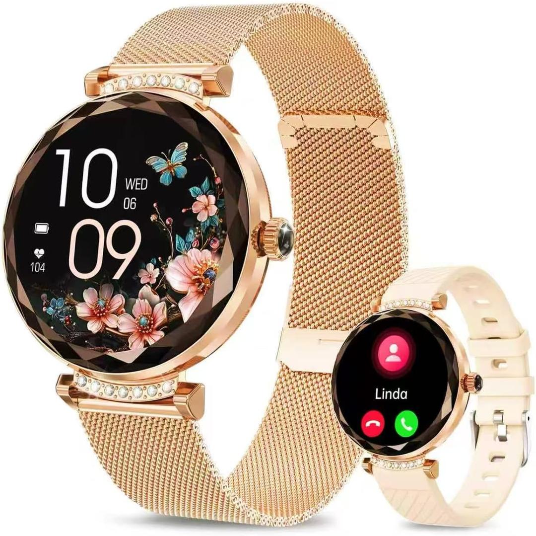 Smart Watches for Women Answer/Make Call, 1.19" AMOLED Smartwatch with Bluetooth for Android iOS Phones, IP68 Waterproof Fitness Tracker with Heart Rate SpO2 Sleep Monitor, Rose Gold