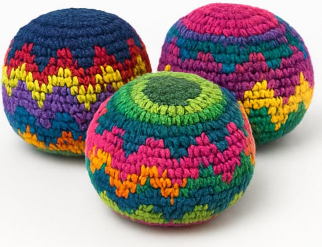 Funny Guy Mugs Footbag Set (3 Pack)  Handmade in Guatemala Crochet Hacky Kick Sack Balls  Footbag Juggling Balls for Outdoor Play, Party Games & Coordination Training
