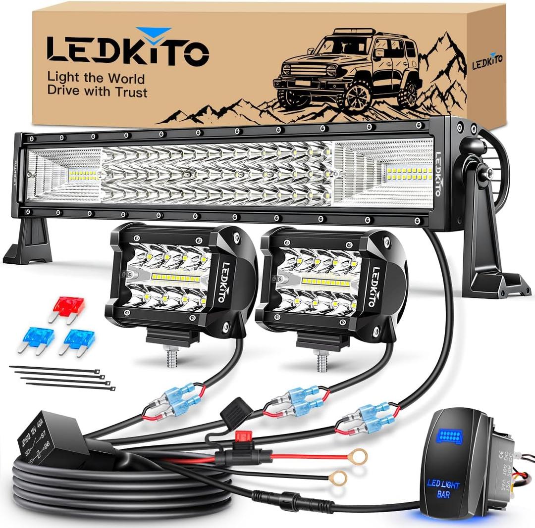 22Inch LED Light Bar and 2PCS 4In LED Pod Lights Spot Flood Combo Beam Triple Row Off Road Driving Work Lights Bar with Rocker Switch Harness Kit for Trucks Pickup Hum-mer SUV UTV