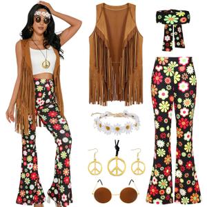 GERVAISE Womens 60s 70s Outfit Disco Hippie Costume Fringe Vest Boho Pants Accessories Set (X-Large, Black)