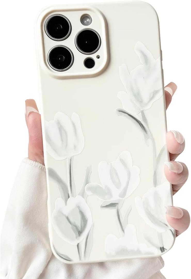 NITITOP Compatible with iPhone 16 Pro Max Case Cute Flower Floral Tulip Pattern for Women Girls Trendy Slim Fit TPU Bumper Silicone Shockproof Full Camera Protection Cover - White