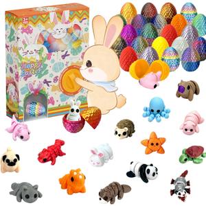 24 Pack Prefilled Easter Eggs with 3D Printed Articulated Animals Inside - Reusable Vending Machine Toy Easter Eggs for Easter Egg Hunt, Party Favor Bags, Gift Filler for Kids