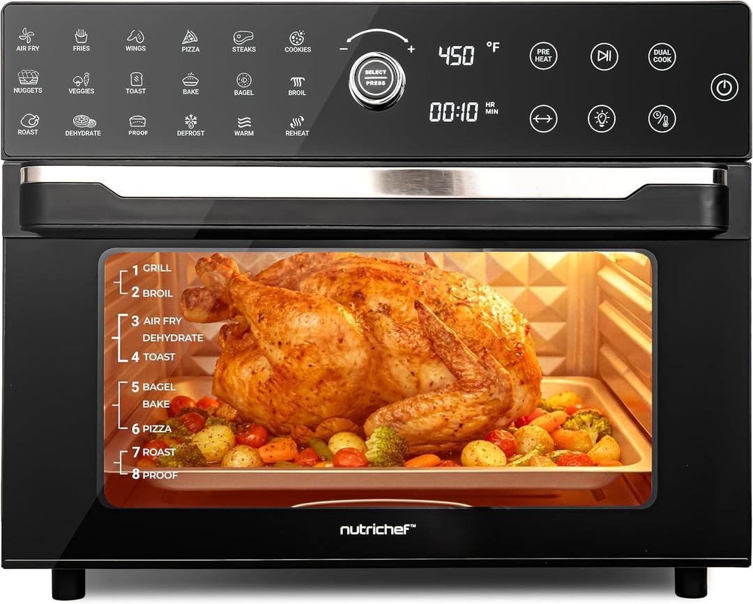 NutriChef 32 Quart Air Fryer & Oven | Digital Airfryer with 20 Presets, Dual Cook, Rotisserie, Bake & More | Multi-Function Convection Countertop Oven | Large Capacity | 18" x 17" x 14 | Black, 32 QT