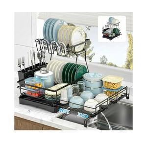 2 Tier Dish Drying Rack, Large Extendable Dish Racks for Kitchen Counter or Over Sink, Dishrack with Drainboard, 2-in-1 Anti-Rust Stainless Steel Dish Drainer with Utensil Holder & Cup Holder (Black)