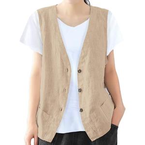 IDEALSANXUN Womens Cotton Linen Vest Casual Sleeveless Blazer Cardigans Lightweight Jacket Waistcoat (Large, Khaki)