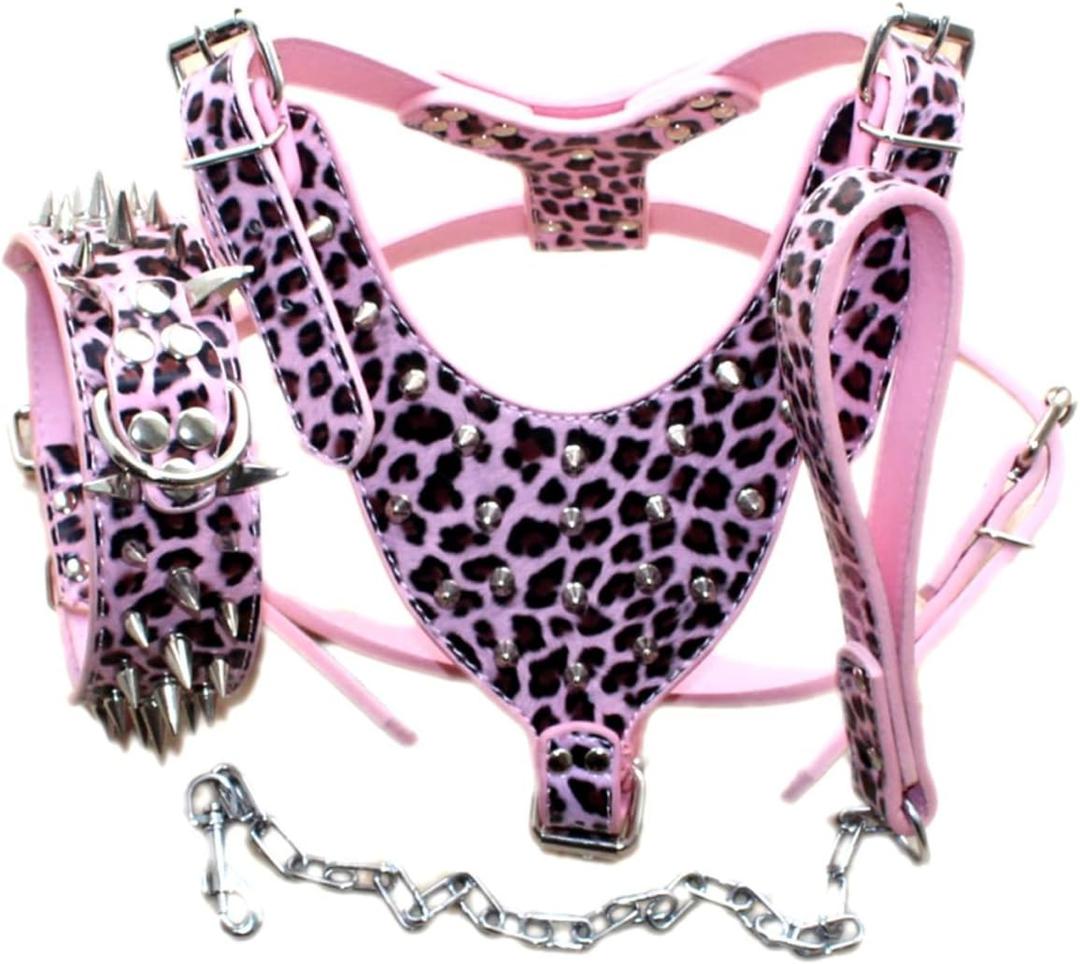 Leather Sharp Spiked Studded Dog Collars, Harnesses & Chain Leashes 3Pcs Matching Set for Medium & Large Dog Pit Bull,Mastiff, Boxer, Bull Terrier (XL, Pink Leopard)