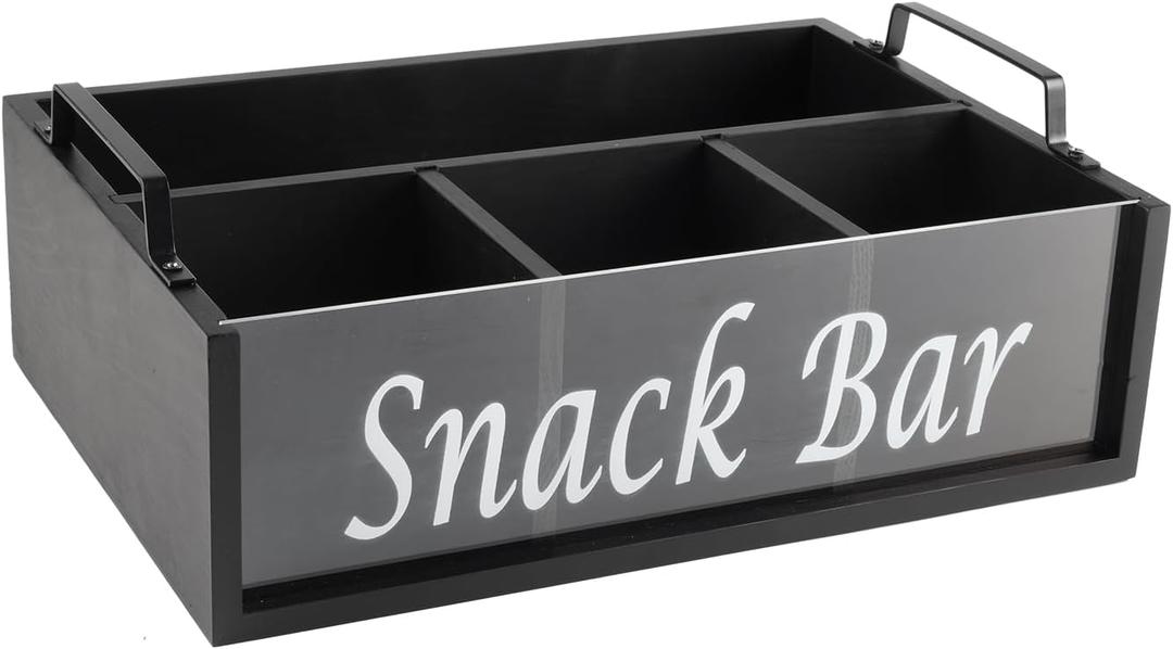 Snack Organizer for Countertop, 4 Compartments Snack Containers with Handles, Wooden Snack Stand for Kitchen Pantry Organizer and Storage., Balck