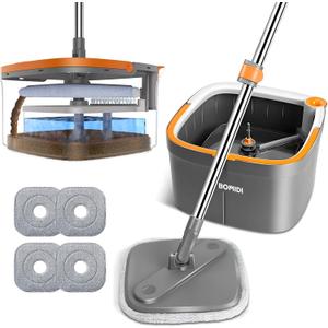Mop and Bucket Set, Spin Mop with Separate Dirty Water System, Deep-Cleaning Mops for Floors, Versatile Mops for Walls (4 Pad)