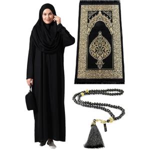 ihvan online Muslim Dresses for Women, One-Piece Prayer Dress & Prayer Rug & Beads, Islamic Gift Set for Eid Ramadan (XS-XXL, Black)