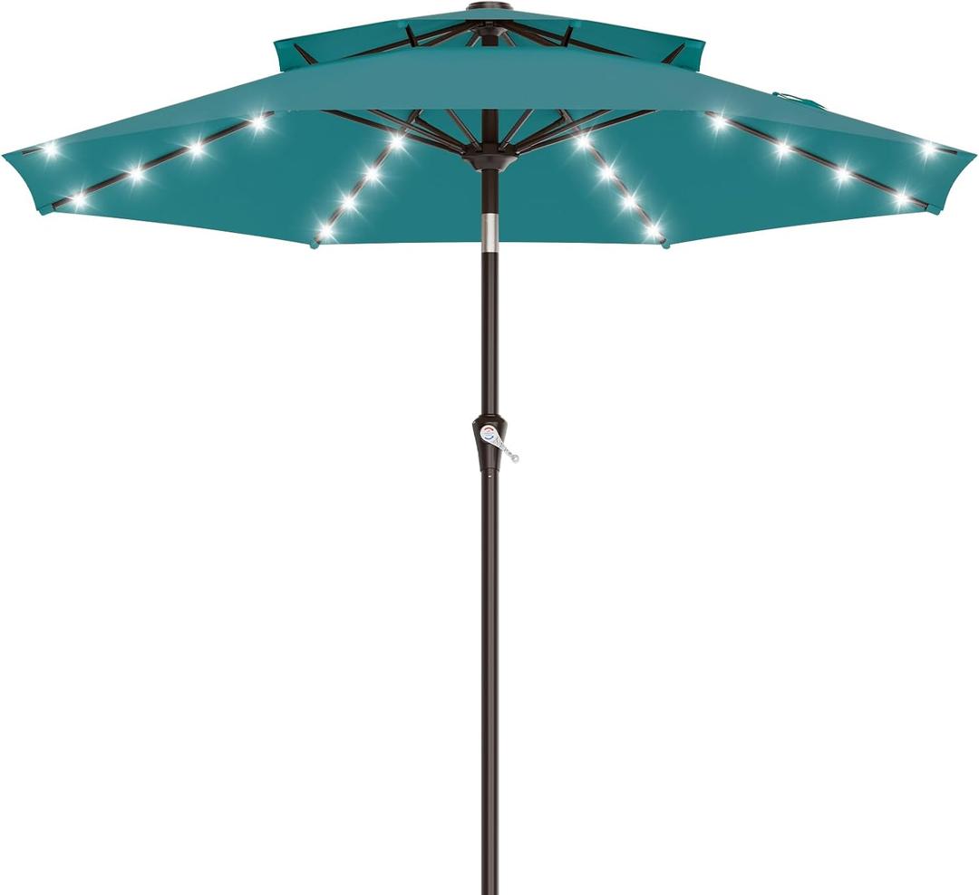 AreShark 9ft 2 Tiers Patio Umbrella with Solar Lights, Outdoor Umbrella w/ 32 LED Lights&8 Sturdy Ribs, Table Umbrella for Deck, Backyard, Pool(Lake Blue)