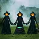 JOYIN 5 FT Halloween Witch Decorations Outdoor, Set of 3 Light Up Holding Hands Witches with Cauldron Yard Stakes, LED Witch Cauldron on Tripod for Graveyard Yard Lawn Party Haunted House Decor