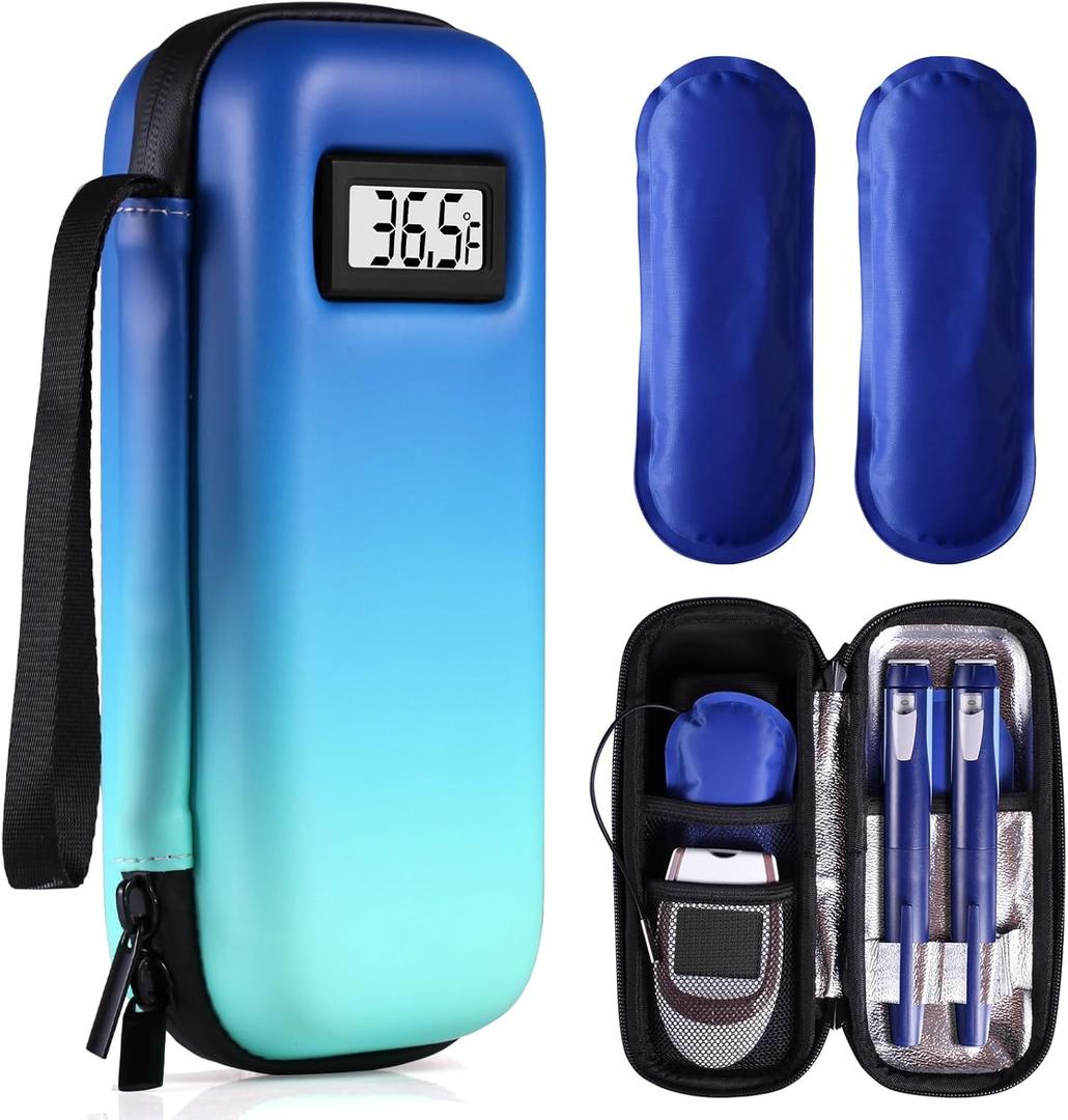 Insulin Cooler Travel Case with Temperature Display - Refrigerated Medicine Cooler Case for Travel with 2 TSA Approved Ice Pack, Medication Pen Diabetic Supplies Organizer for Trip and Daily (mix-blue-green)
