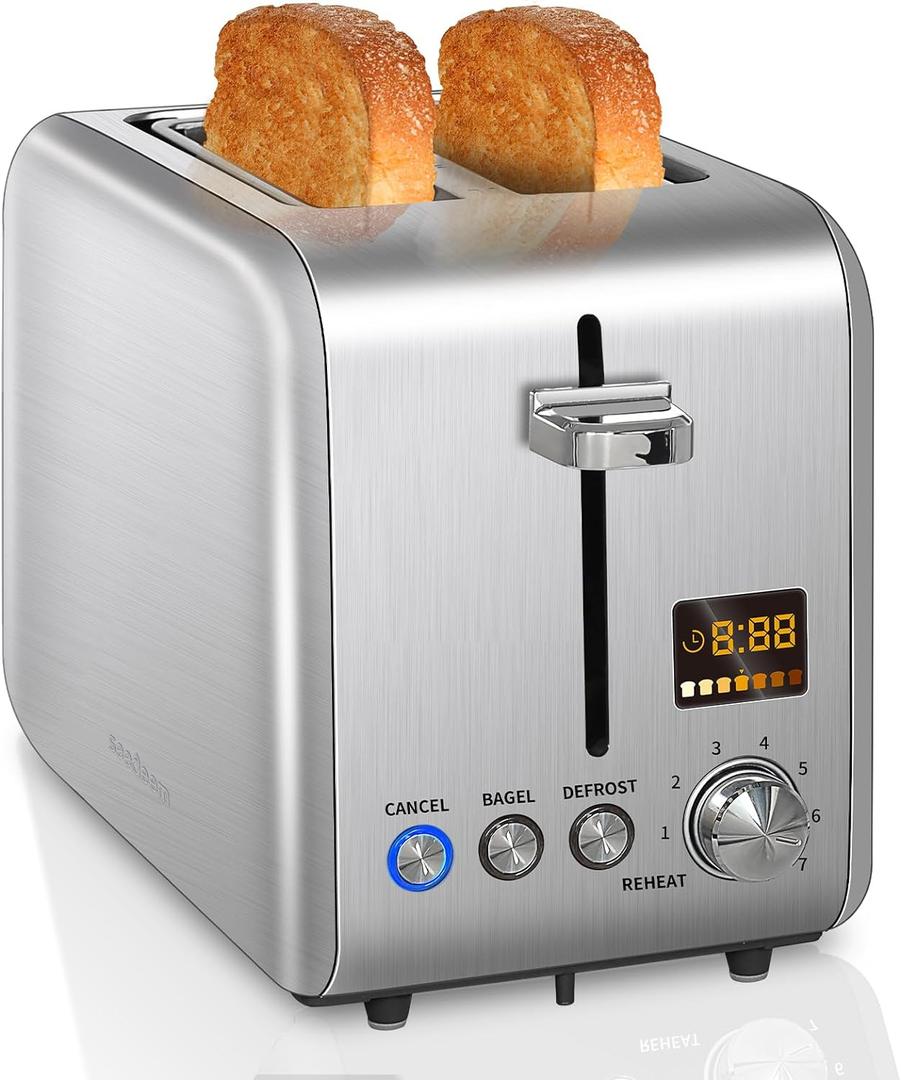 SEEDEEM 2 Slice Toaster - Stainless Steel With Color LCD Display, 7 Bread Shade Settings, 1.4'' Wide Slots, Bagel/Defrost/Reheat Functions, Removable Crumb Tray, 900W, Silver Metallic (6.1*10.6*7.4)