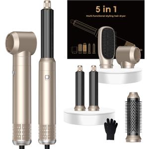 5 in 1 Hair Dryer Brush Set,Professional Negative Ionic Hot Air Styler, Air Curling Wrap Styler,Detachable Blow Dryer Brush With Auto Wrap Curlers,Hair Styling Tools For Straight/Curl/Drying/Smoothing (Champagne Gold)