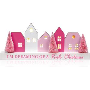 Amyhill Pink Lighted Wooden Christmas Tabletop House Village Decor Farmhouse LED Christmas Tabletop Decor Merry Rustic Xmas Block Centerpiece Sign with Word for Home Bedroom Holiday Ornament