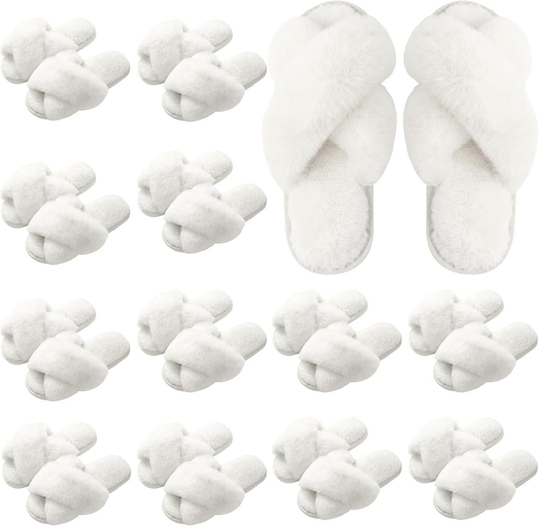 Bulk Bridesmaid Slippers,Cross Band Open Toe Fuzzy Slippers Bulk (White, Size: 9.5) 12 pack 