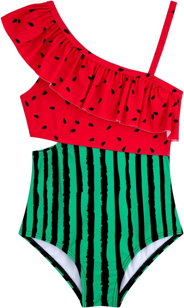 Girls One Piece Swimsuits Cutout Ruffle Bathing Suit Quick Dry Beach Swimwear with Adjustable Strap 5-14 Years (11-12 Years, Watermelon)