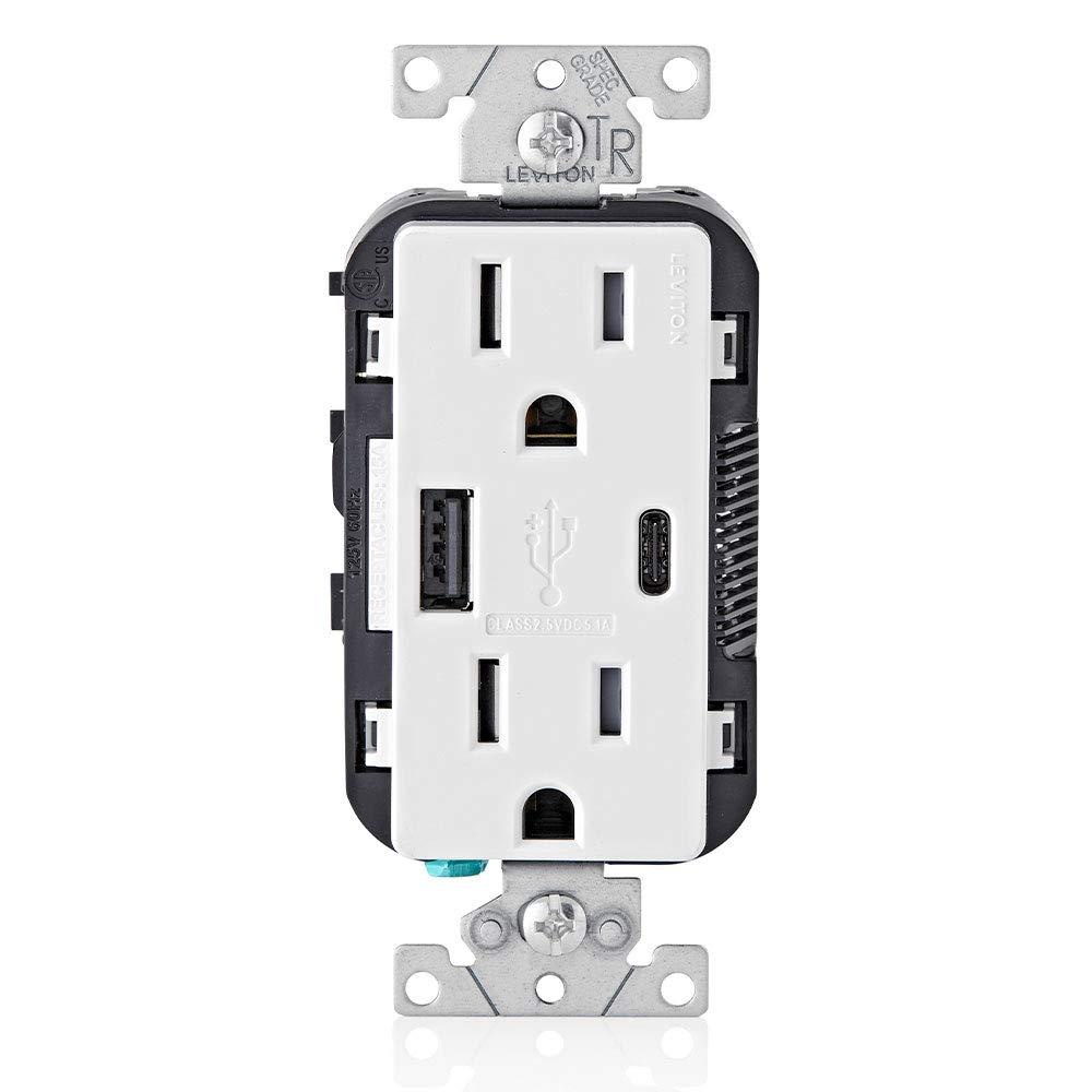 Leviton Type A & Type-C USB In-Wall Charger with 15A Tamper-Resistant Outlet, USB Charger for Smartphones and Tablets, Not for Laptops, T5633-W, White