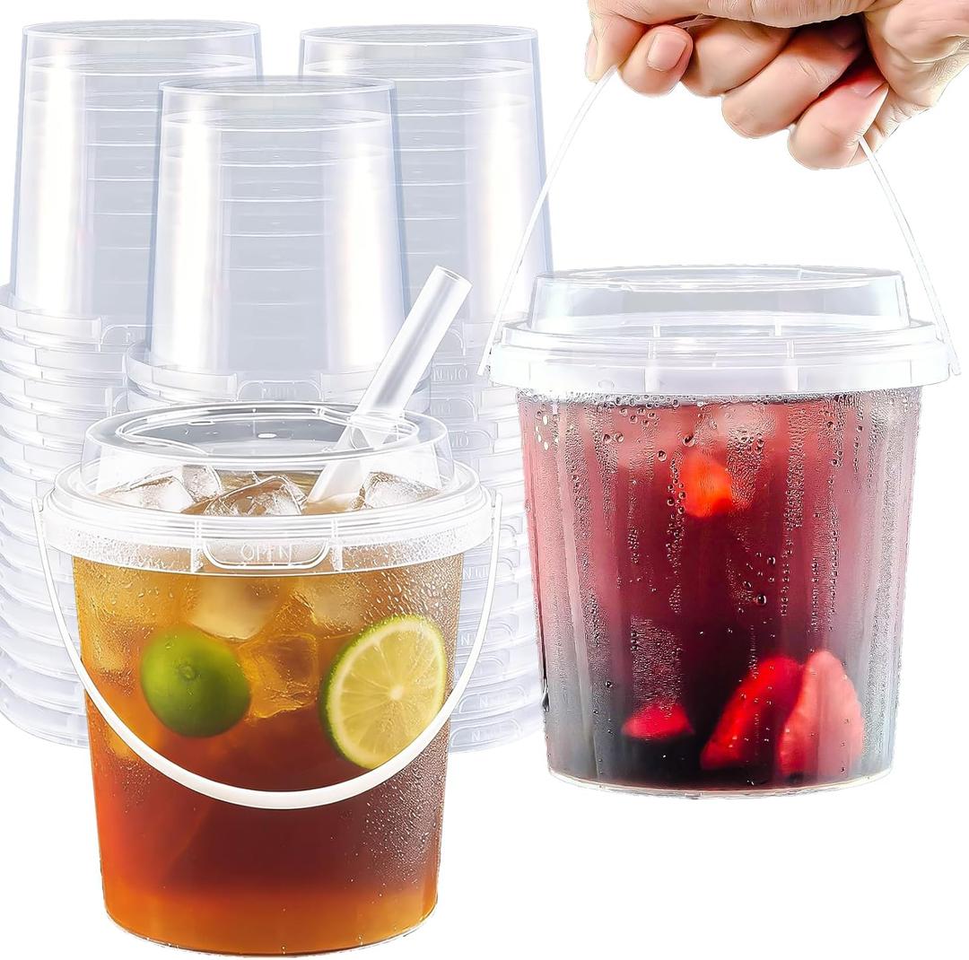 20 Set 25 oz Drink Bucket, Clear Plastic Cups with Lids and Straws, Disposable Drinking Cups for Cold Drinks, Iced Coffee/Milkshakes/Smoothies, Sturdy & Food Safe