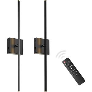 Black Modern Battery Operated Wall Sconces, Wireless Wall Sconces Set of 2 with Remote Control, Dimmable, Night Light, Memory Function, 2500K-6500K, 350Rotate, 28 Inch (2 Pack)