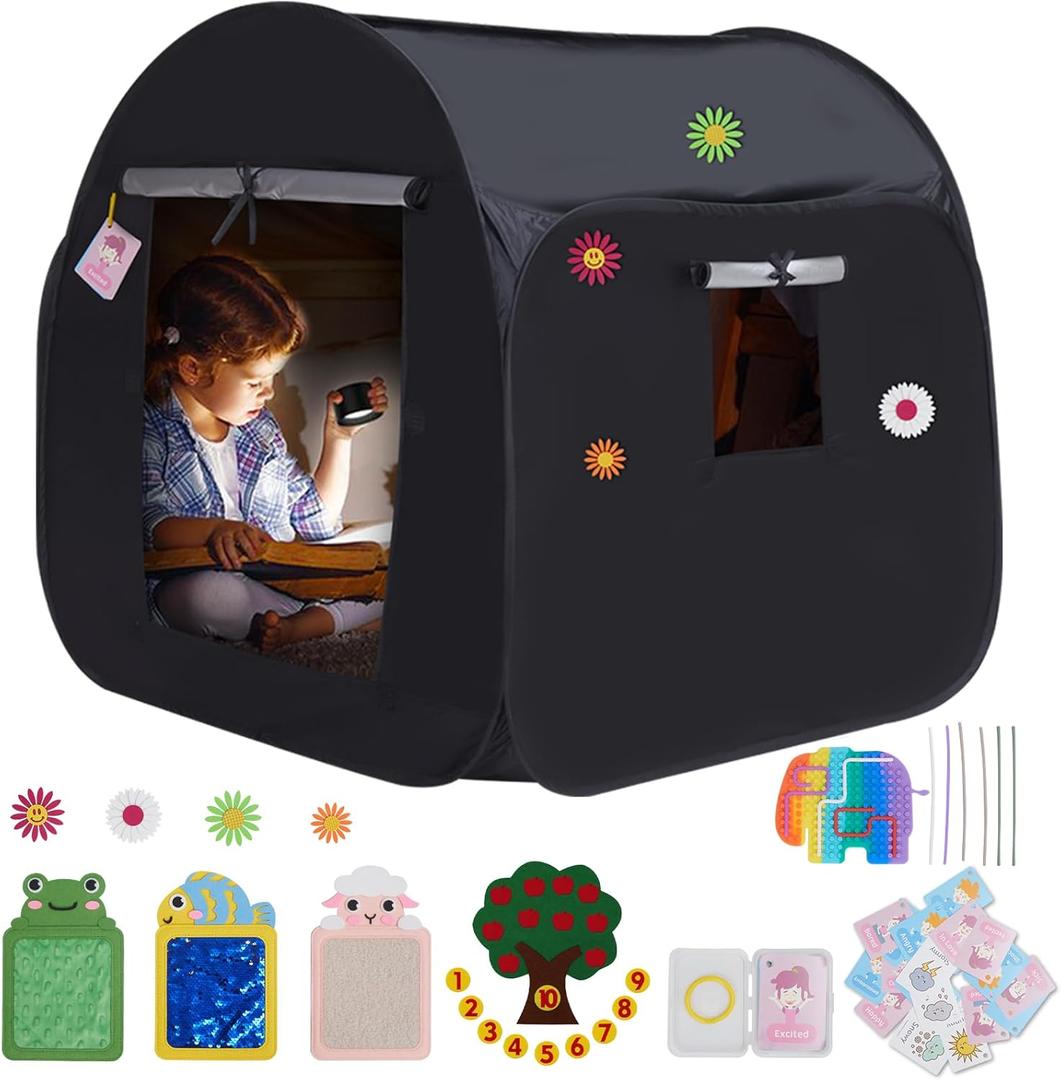 Kids Pop-up Sensory Tent, Foldable Blackout Tent for Children with Autism and ADHD, Calm Corner with Cognitive Toys Included, with Mesh Windows Ideal for Kids with Special Sensory Needs