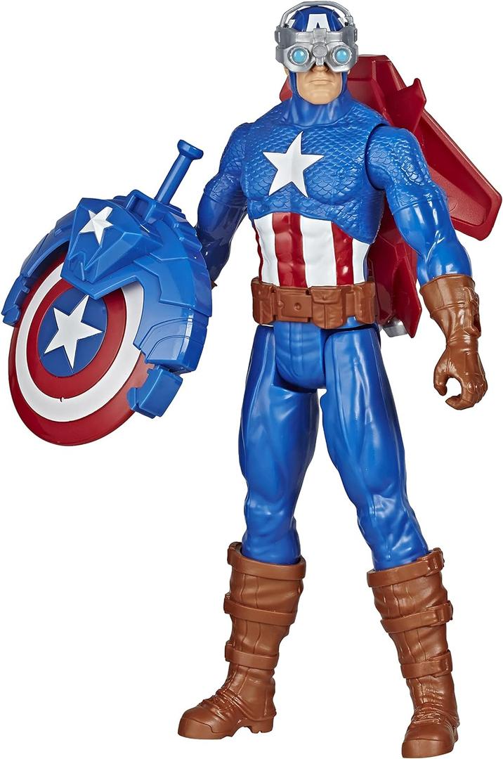 Avengers Marvel Titan Hero Series Blast Gear Captain America, 12-Inch Toy, with Launcher, 2 Accessories and Projectile, Ages 4 and Up, Blue