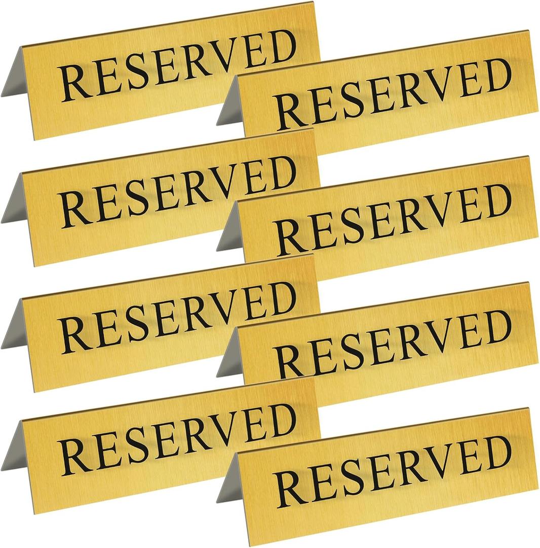 8-Pack Gold Metal Reserved Table Signs Double Sided for Wedding, Restaurant, Seating Reservation, Party Tables (6x1.6 in)