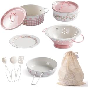 ROBOTIME Play Pots and Pans Toys for Kids  9 PCS Play Kitchen Accessories Set with Metal Cookware, Cooking Utensils & Storage Bag  Toy Pots and Pans for Toddlers Boys Girls Age 3+ (Pink)