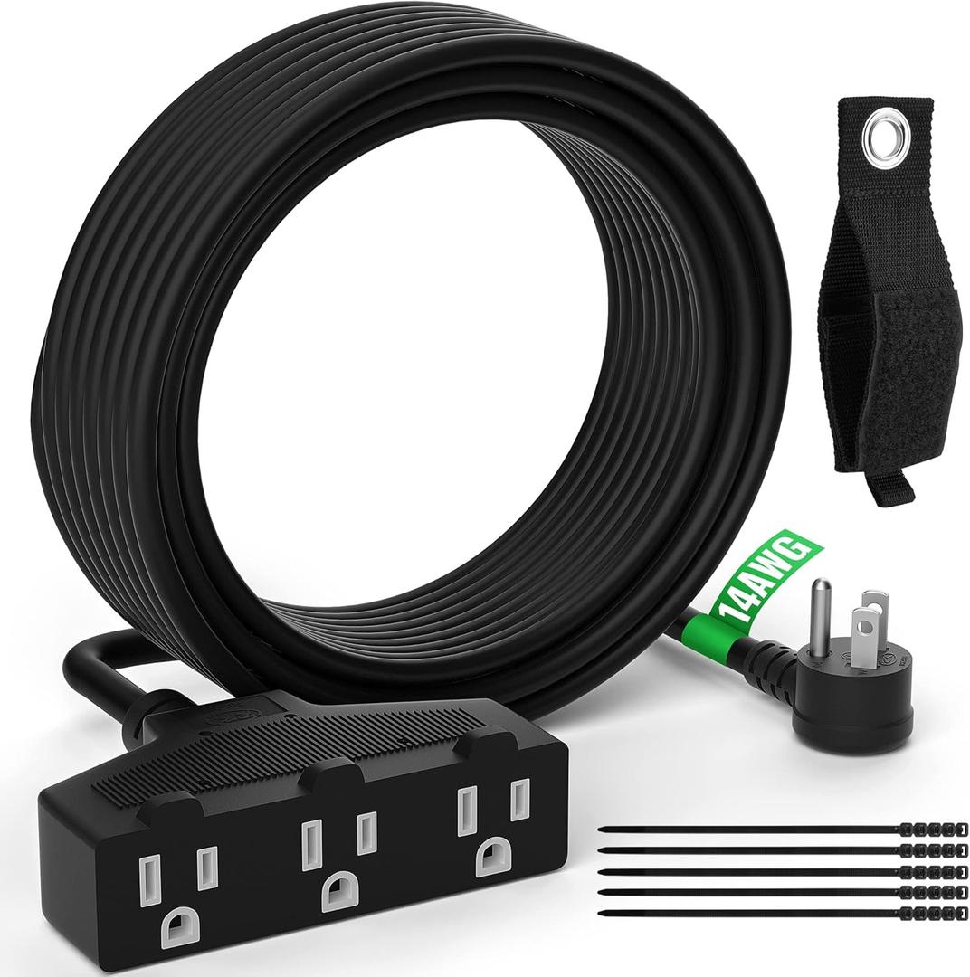 Outdoor Extension Cord 25 Ft with 3 Outlets, 14/3 SJTW 3 Prong Grounded Power Cord, 14 Gauge 14AWG Heavy Duty Power Cable, ETL Listed, 15 Amp 125 V 1875 W-Multiple Outlets for Indoor/Outdoor-Black