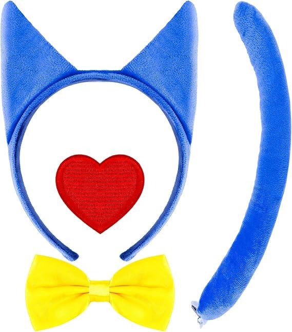 4 PCS Blue Cat Costume Accessories Set - Cat Ears Headbands Tail Bowtie and Heart Patch for Halloween Costume Accessories Kitty Cosplay Kits