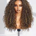 GORGIUS Curly Brown Wig Glueless Highlight Lace Front Wig Pre Plucked Middle Parted Synthetic Wig Upgraded with Premium Human-Hair-Like Fiber 20 Inch