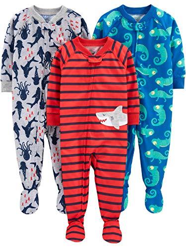 Simple Joys by Carter's Baby Boy's 2-Pack Loose Fit Flame Resistant Polyester Footed Pajamas Sleepwear, iguana/sea Creatures/shark, 12 Months