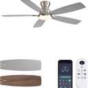 Ceiling Fans with Lights, 52 Inch Low Profile Ceiling Fan with Light and Remote Control, Flush Mount, DC Reversible Motor, Noiseless, Nickel 6 Speeds Ceiling Fan for Bedroom
