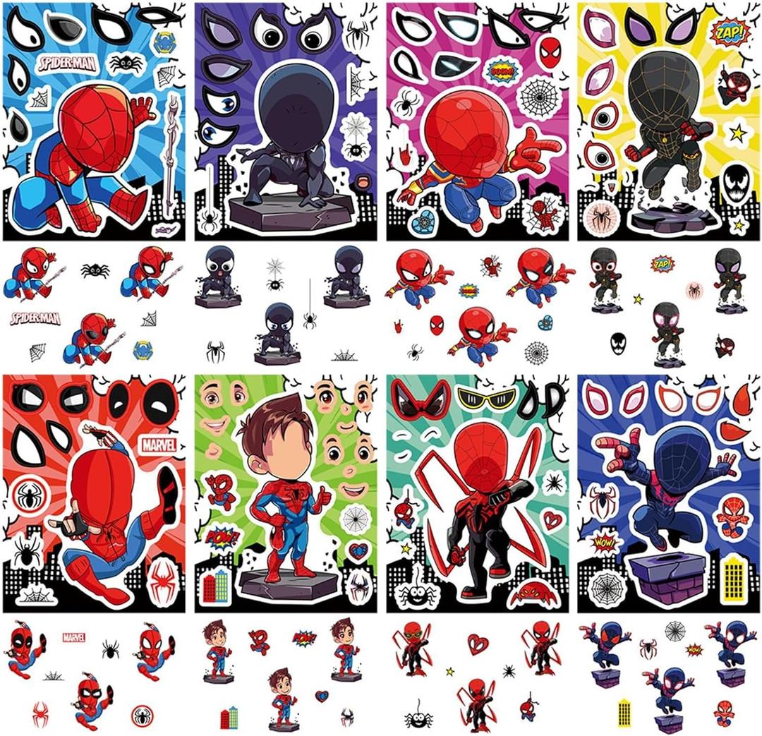 24Sheets Cartoon Spider Sticker for Teens, Make Your Own Mixed & Matched with 8 Designed Characters Sticker for Birthday Party Supplies Favors Make Your Own Cartoon Hero Stickers (Man24)