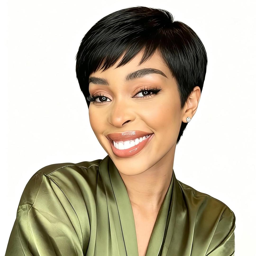 B-fashion Pixie Cut Wig Human Hair Short Black Wig Layered Wavy None Lace Front Glueless Wear and Go with Bangs Natural Black Straight Full Machine Made Wigs for Daily Use 1B