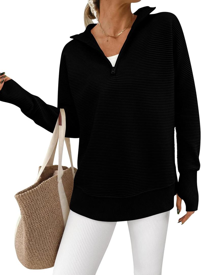PRETTYGARDEN Womens Long Sleeve Quarter Zip Pullover Sweater Casual Loose V Neck Collared Ribbed Knit Jumper Tops Thumb Hole (X-Large, Black)