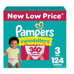 Pampers Diapers - Swaddlers 360° - Size 3, 124 Count, up to 100% Leakproof Comfy Dry Fit, Designed for Easy Changes, Pull On Baby Diaper (Packaging May Vary)