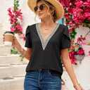 siliteelon Womens Blouses Boho Lace V Neck Short Sleeve Eyelet Shirts Summer Dressy Casual Beach Vacation Tops (Black)